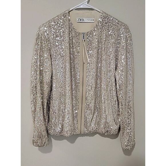 Zara Sequin Zip-Up Bomber Jacket Size M Womens Sparkly Party Fairy Y2K Disco - Picture 1 of 4